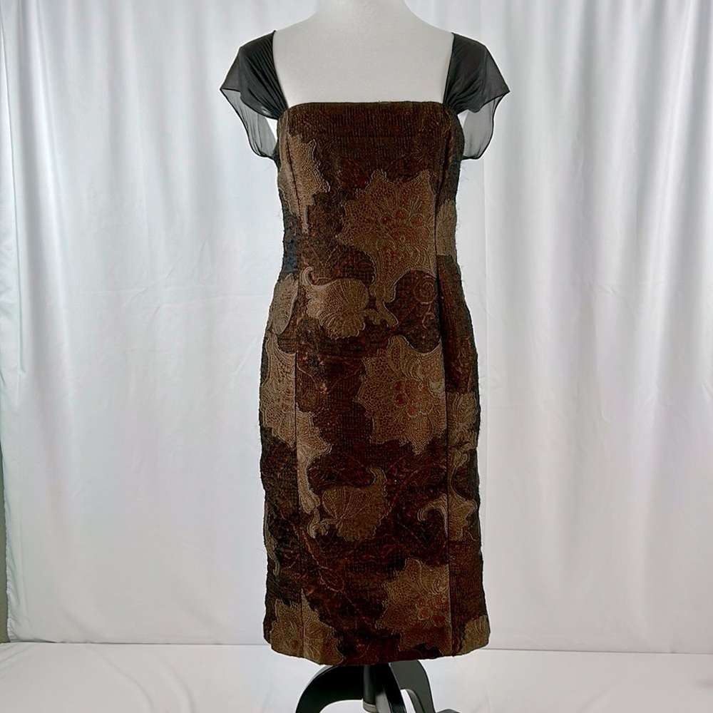 Worth New York Jacquard Silk Blend Dress Chiffon Cap Sleeve in Copper size 8